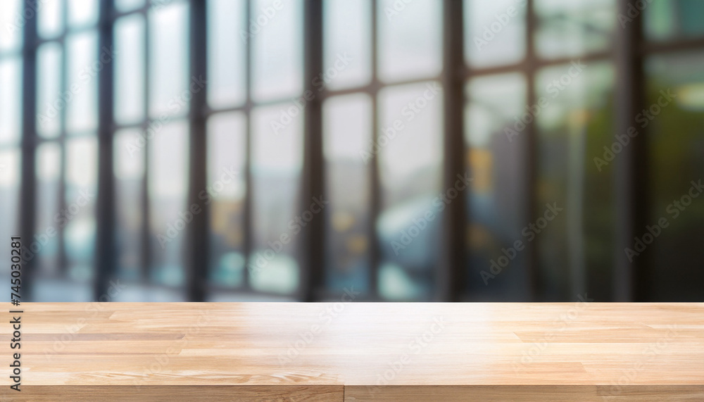 Poster empty wood table top and blur glass window wall building banner mock up abstract background - can us