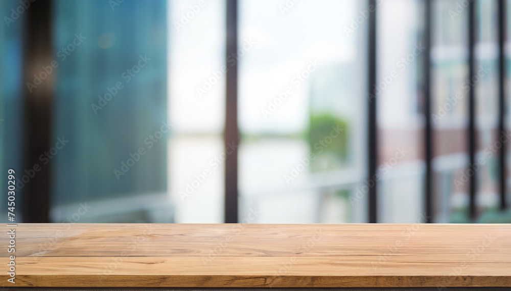 Poster empty wood table top and blur glass window wall building banner mock up abstract background - can us