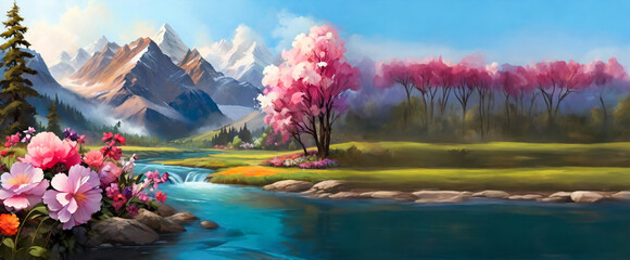 spring landscape with flowers generative ai - obrazy, fototapety, plakaty