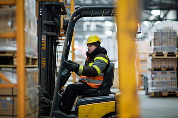 A worker-driver operates a forklift loader at a warehouse