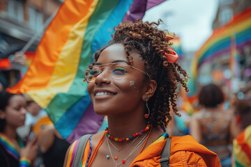 People of all ages and genders joyfully march in the Pride parade. Ready to wave the rainbow flag