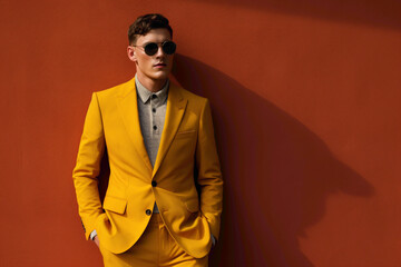 Stylish male model wearing a trendy mustard yellow suit, standing with charm against a pristine terracotta-colored background.