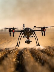 Flying drones applying pesticides in agriculture fields mark an advancement in modern farming...