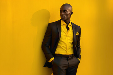The embodiment of charm, a suave gentleman in tailored business attire poses against a striking yellow solid wall, exuding elegance and allure.