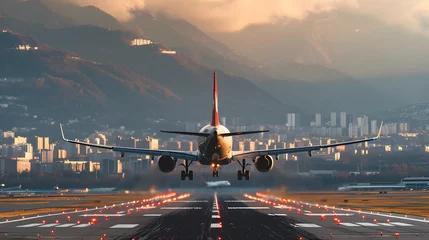Photo sur Plexiglas Ancien avion The plane is taking off from an airport. City and mountain views