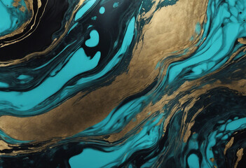 Fluid Art Turquoise and blue abstract waves with golden particles on black background Marble effect