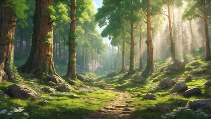 Naklejka premium illustration of beautiful green forest scenery in the morning made by AI generative