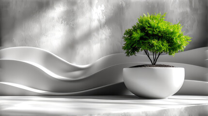 A marble shelf with plants in pot and white wall.