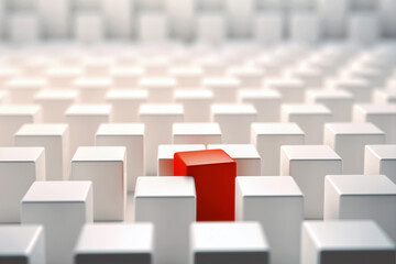 One red 3d cube among many white ones, concept of difference and individuality