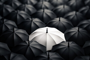 White umbrella in a crowd of black one