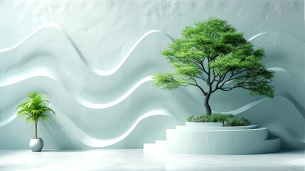 Modern interior design of a white room with smooth wave pattern walls. White podium with a tree in a pot