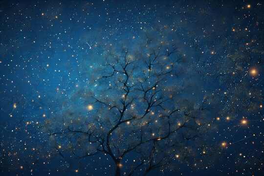 Abstract image starry sky or space, consisting of points, lines, and shapes in the form of tree