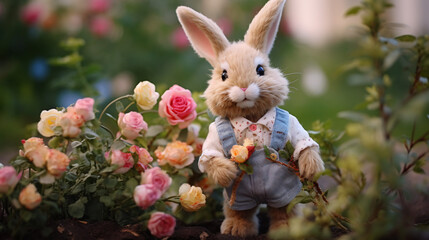 easter bunny with flower stoy rabbit in the garden - obrazy, fototapety, plakaty