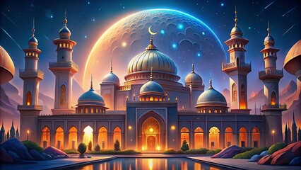 Mosque at night with moon and clouds, Ramadan Kareem background - obrazy, fototapety, plakaty