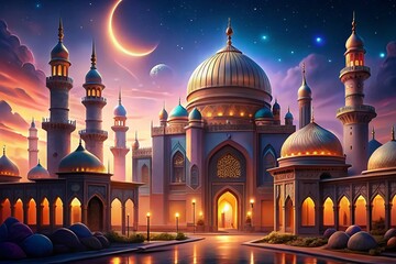 Obraz premium Mosque at night with moon and clouds, Ramadan Kareem background
