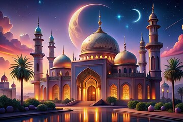Obraz premium Mosque at night with moon and clouds, Ramadan Kareem background