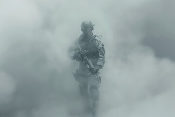 Naklejka premium Soldier in Combat Gear Advancing Through Smoke. A soldier in full combat gear moves through dense smoke, symbolizing bravery and the fog of war.