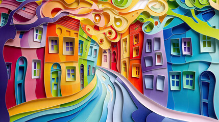 Paper Artwork Colorful City Landscape Panorama Concept Art image HD Print 12288x6864 pixels ar16:9. Neo Modern Art V2 16