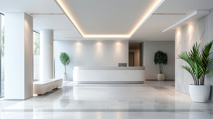 Fototapeta na wymiar Minimalist Corporate Lobby Design. Bright and airy corporate lobby with minimalist decor