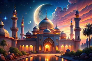 Mosque at night with moon and clouds, Ramadan Kareem background