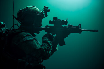 Silhouetted Soldier Aiming Sniper Rifle. Silhouette of a focused soldier aiming a sniper rifle against a monochromatic background, highlighting precision and skill. - obrazy, fototapety, plakaty