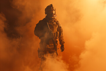 Silhouette of Soldier in Fiery Mist. Special operations soldier in profile against an intense orange smoke.