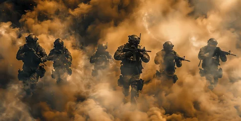 Poster SWAT Team Advancing Through Smoke. Armored SWAT team moving in formation engulfed in smoke © GustavsMD