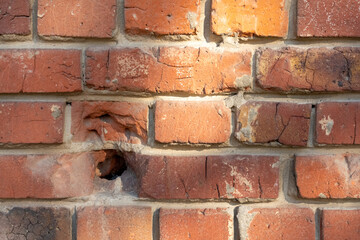 Close-up view of old molded red brick wall covered with craters from military shells, bullets, cracks and scratches. Copy space for your text and decorations. Soft focus. Aftermath of the war theme.