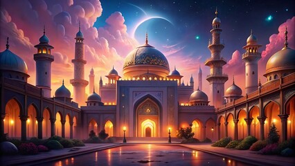 Mosque at night with moon and clouds, Ramadan Kareem background