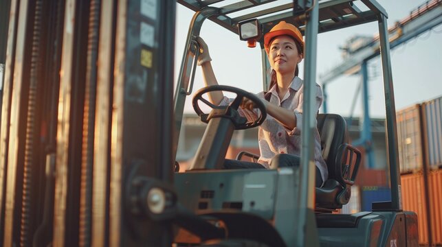 woman forklift operator handling cargo at shipping container yard: industrial engineer drives reach stacker truck to lift box at logistic terminal dock