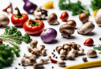 Food cooking background Fresh vegetables spices and mushrooms on white background