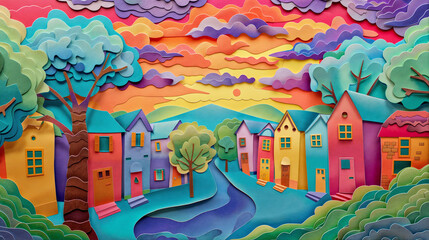Paper Artwork Colorful City Landscape Panorama Concept Art image HD Print 12288x6864 pixels ar16:9. Neo Modern Art V2 9
