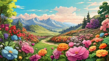 photo of a garden view with lots of colorful flowers with a beautiful mountain background made by AI generative