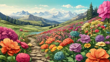 photo of a garden view with lots of colorful flowers with a beautiful mountain background made by AI generative