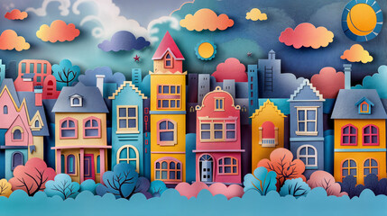 Paper Artwork Colorful City Landscape Panorama Concept Art image HD Print 12288x6864 pixels ar16:9....