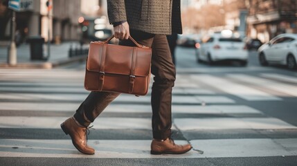 businessman with laptop bag walking across city street crosswalk - obrazy, fototapety, plakaty