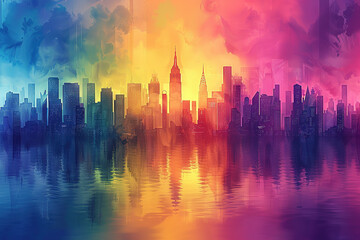 Vibrant city skyline with buildings Surrounded by rainbow colors contrasting with the sunset sky.