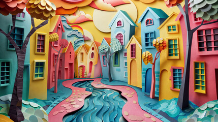Paper Artwork Colorful City Landscape Panorama Concept Art image HD Print 12288x6864 pixels ar16:9....