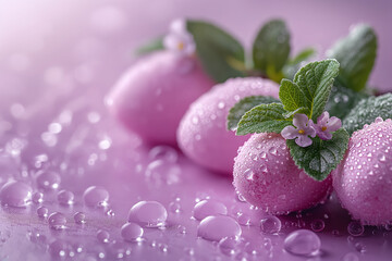  lavender Easter eggs, flowers, leaves and water drops against lavender background. Easter banner