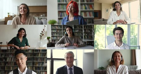 Group of multiethnic young and mature people looking at camera using videocall application for distancing interaction by business or education. Worldwide communication using modern app, collage view