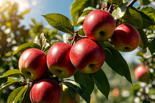 Close-up of ripe fresh red apples on apple tree branch in garden is ready for harvest. Fruit background. Concept of gardening, harvesting and healthy eating. Copy space for site