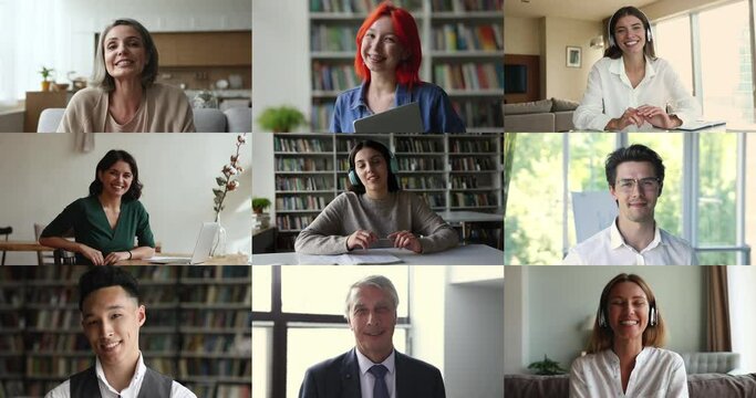 Group of multiethnic young and mature people looking at camera using videocall application for distancing interaction by business or education. Worldwide communication using modern app, collage view