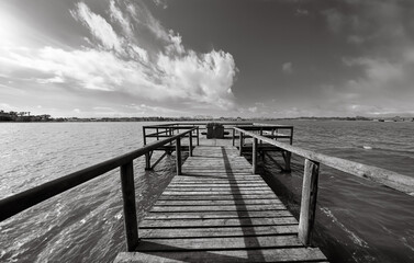 Wooden pier on the lake in Fermentelos, Águeda - Portugal - 745034828