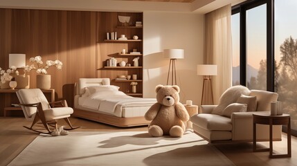 Fototapeta na wymiar A serene nursery with light sand wallpaper and deep walnut crib, accessorized with sand and walnut bedding and plush toys, creating a calming and nurturing environment for the little one