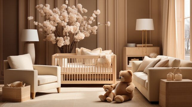 A serene nursery with light honey wallpaper and espresso crib, accessorized with honey and espresso bedding and plush toys, creating a calming and nurturing environment for the little one