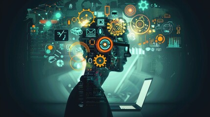 Mind of Innovation. Silhouette of a thinker with a digital mind-map overlay, embodying the nexus of human intellect and technology.