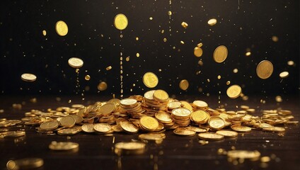 photo of rain and piles of sparkling gold coins made by AI generative - obrazy, fototapety, plakaty