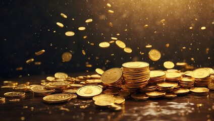 photo of rain and piles of sparkling gold coins made by AI generative