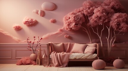 A serene nursery with pale blush wallpaper and dark maroon crib, accessorized with blush and maroon bedding and plush toys, creating a calming and nurturing environment for the little one