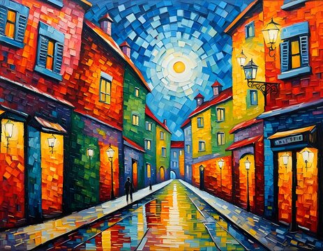 City art, painting full of colours representing houses during night.